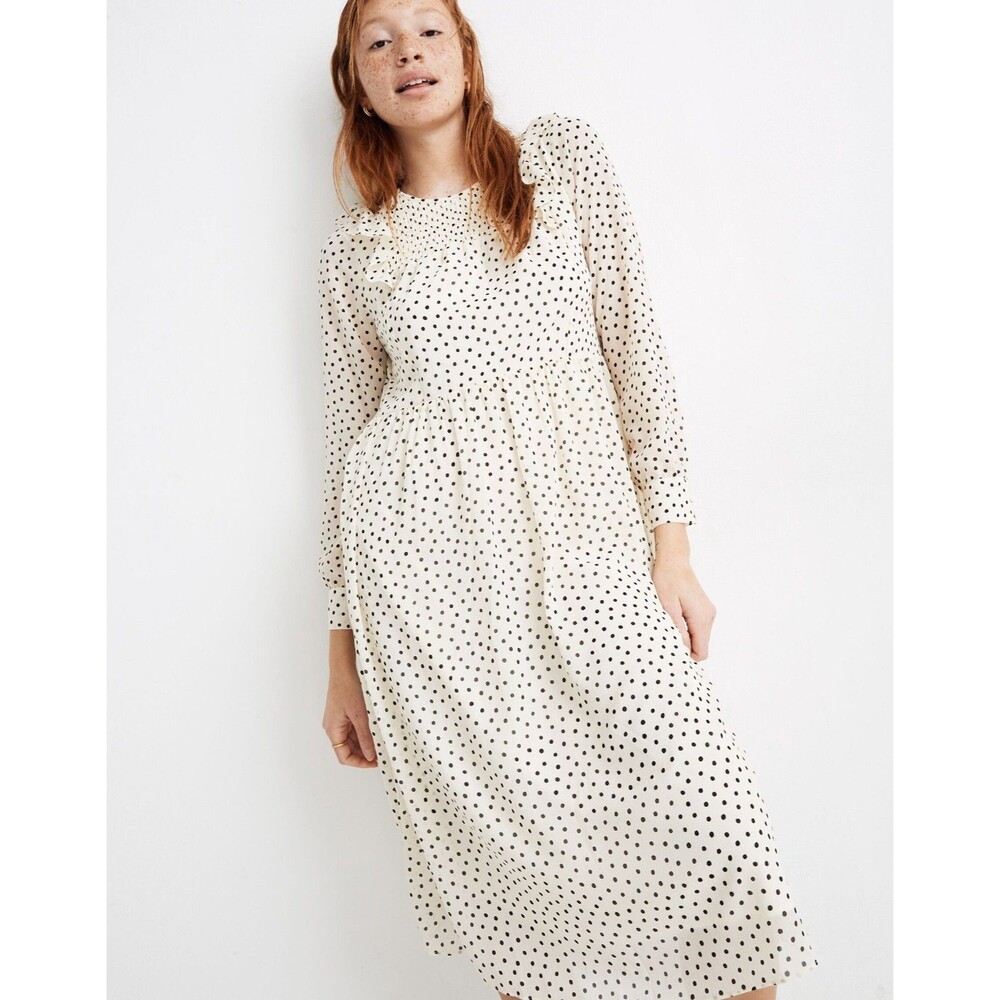 Madewell Smocked Midi Dress Womens S Ivory Polka Dot Prairie Ethereal Cottagcore